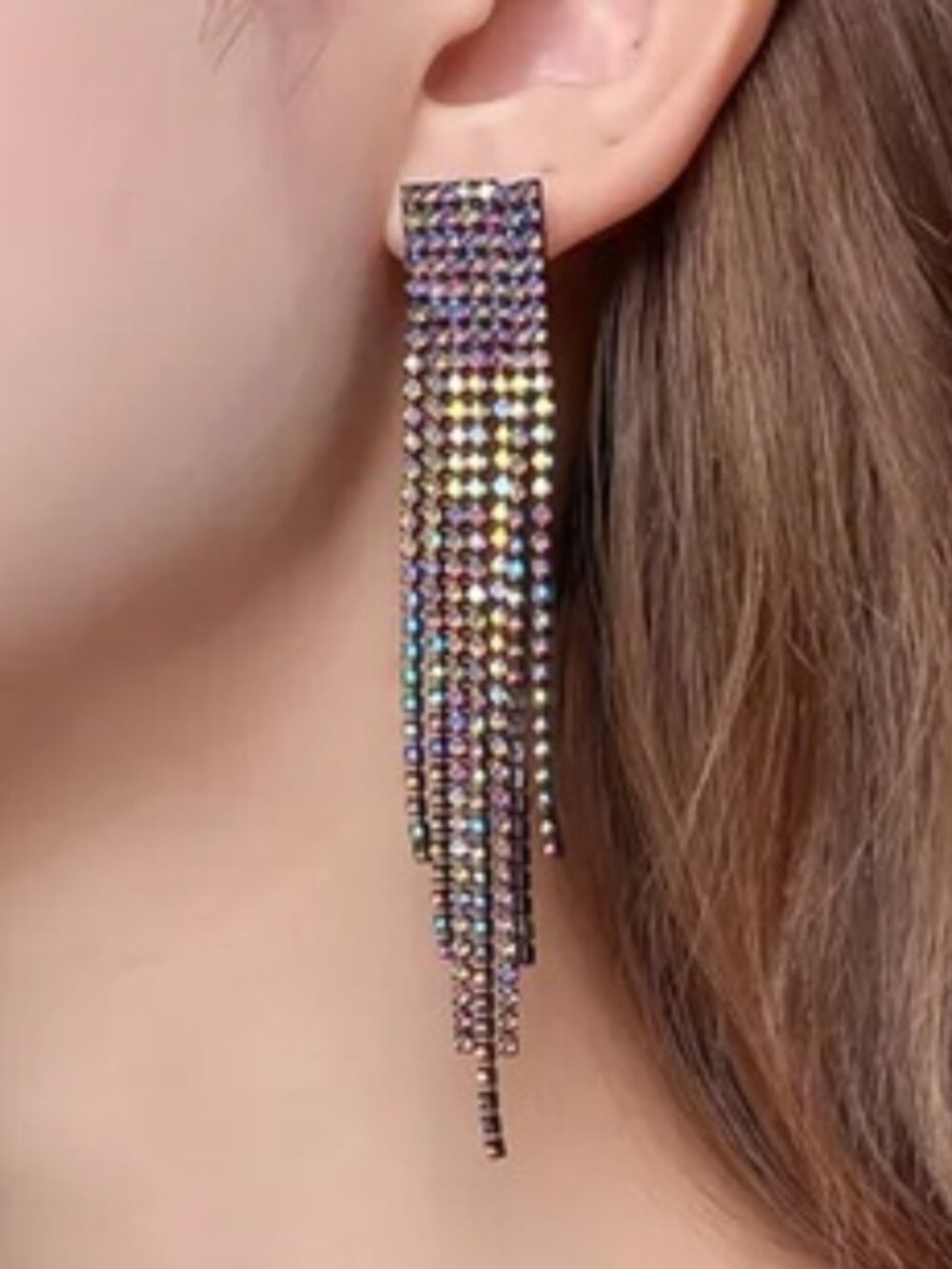 DESIGNER Glam Rocker Chic Gunmetal Rainbow Ombre Rhinestone Crystal Earrings - Picture 1 of 4